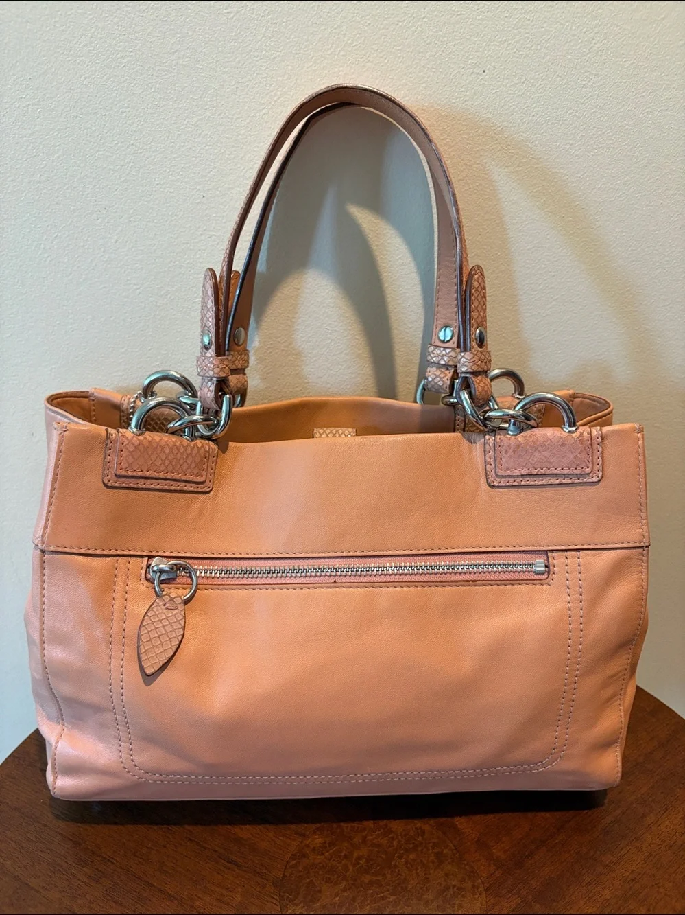 Coach Penelope Shoulder Bag Peach leather/snake skin trim Silvertone F16531 EUC